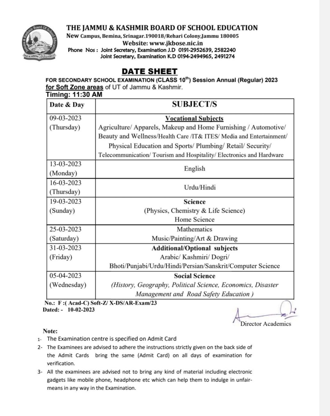 JKBOSE 10th 11th 12th Date Sheet 2024 Time Table jkbose.nic.in